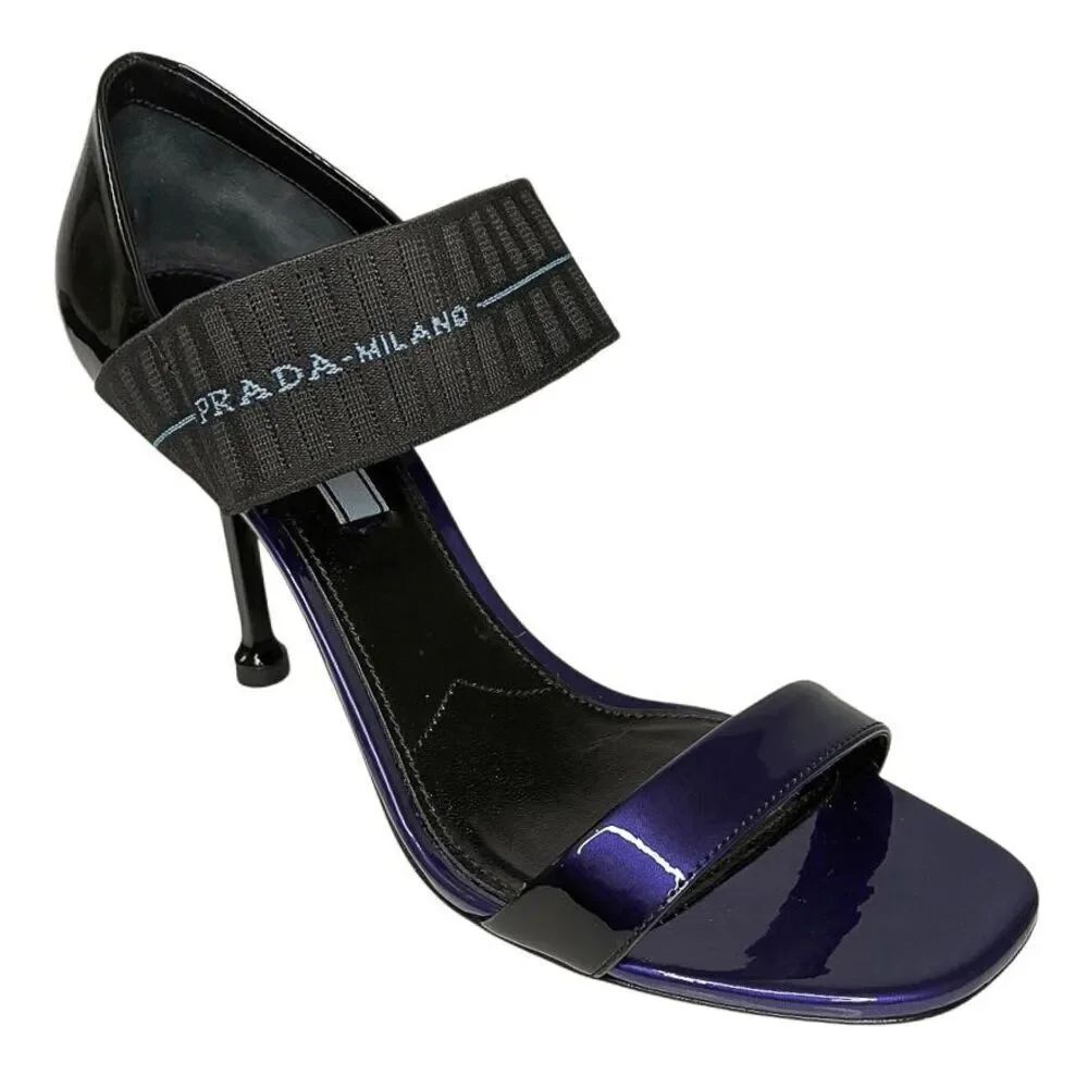 Prada Patent Leather Elastic Strap Sandals 93mm Heel Giacinto Size 39 Open Toe